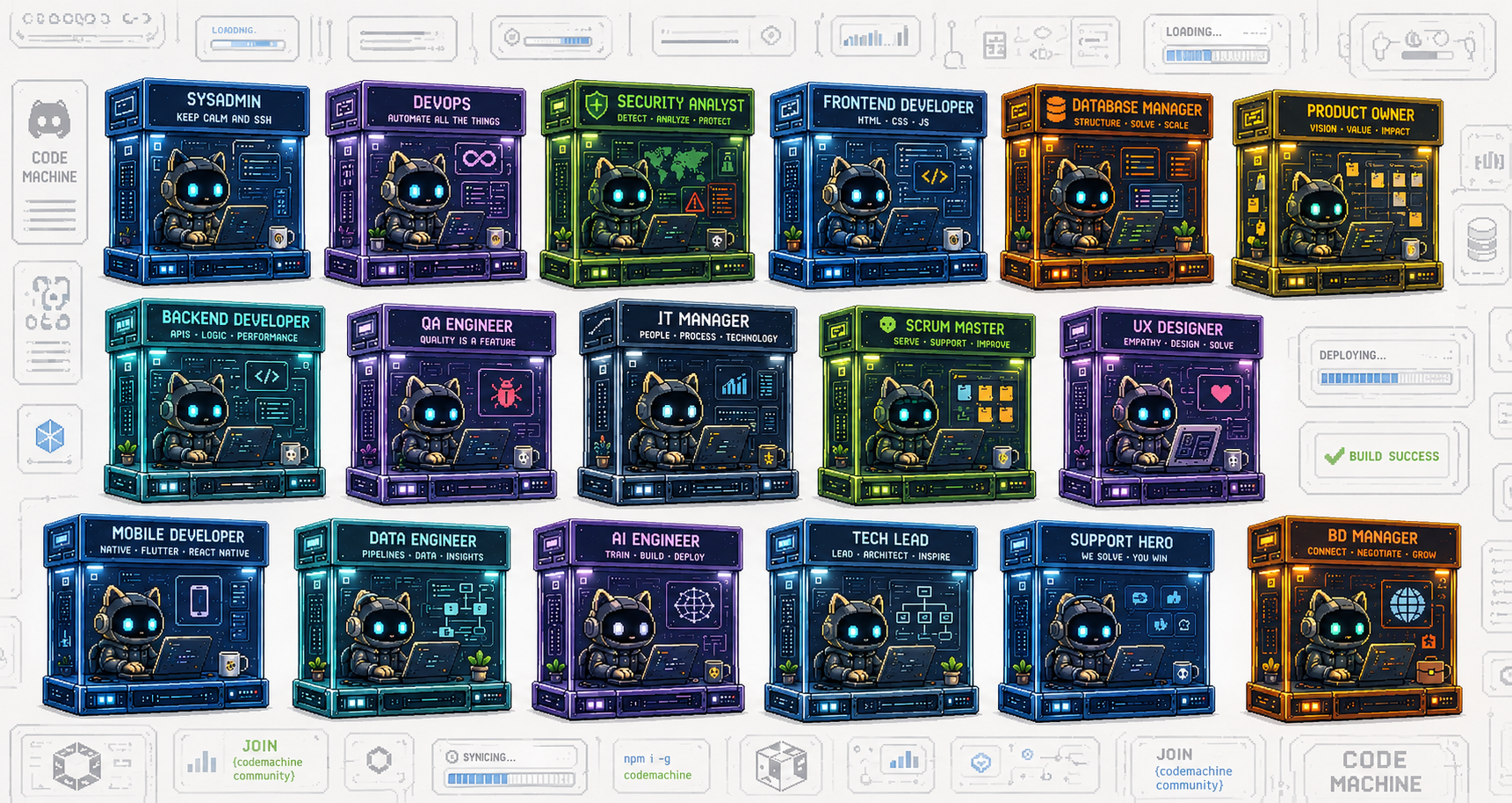 Grille de roles agents BloXmith en pixel art