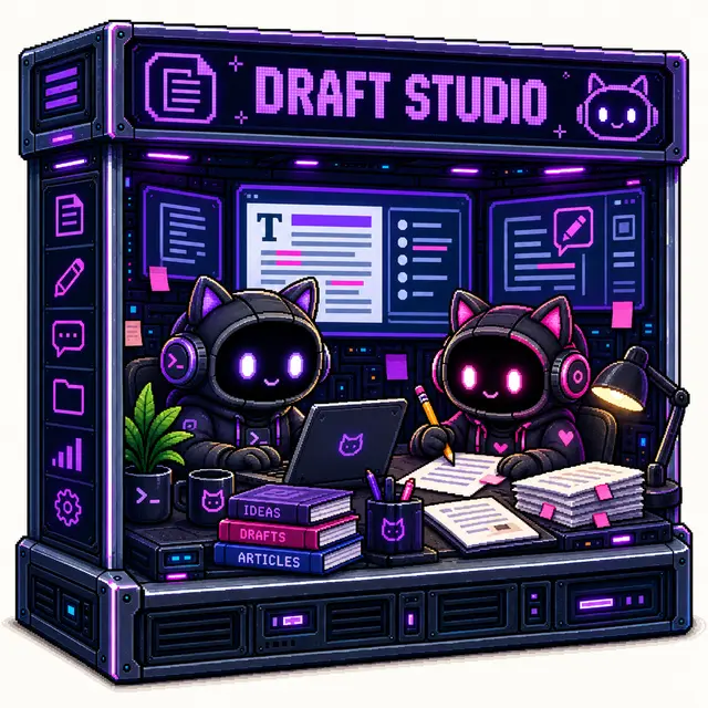 Two pixel-art geek cats writing and editing an article inside a purple workstation box.