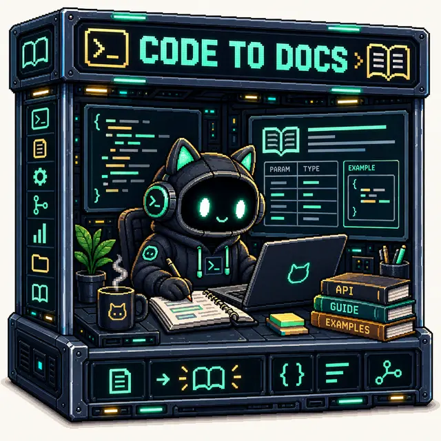 A pixel-art geek cat documenting a function inside a mint-green workstation box.
