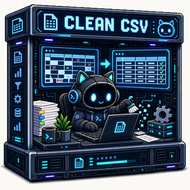 A pixel-art geek cat cleaning a CSV table inside a blue workstation box.