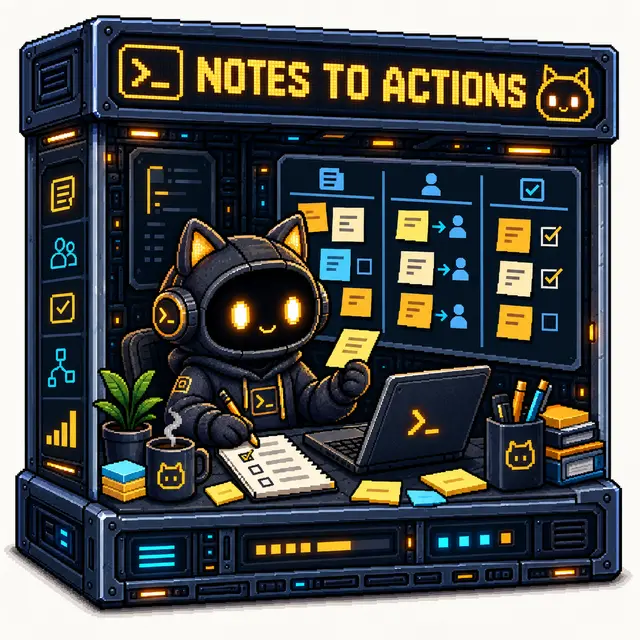 A pixel-art geek cat turning notes into tasks inside an amber workstation box.