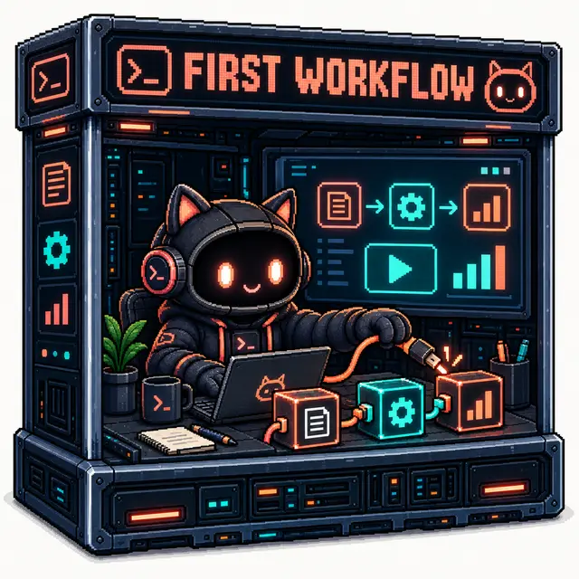 A pixel-art geek cat connecting three blocks for its first workflow inside a coral workstation box.