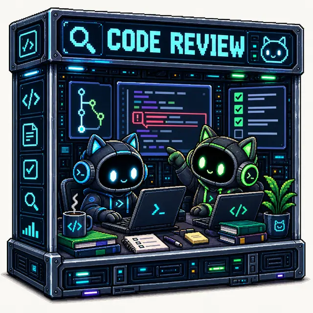 Deux chats geek en pixel art relisent du code dans une boîte-atelier cyan et verte.