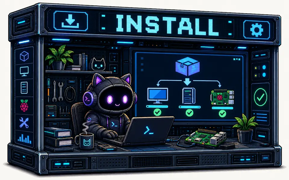 Station de travail en pixel art où le chat HackInvent installe Bloxmith ; l’écran désigne un PC, un serveur et un Raspberry Pi.