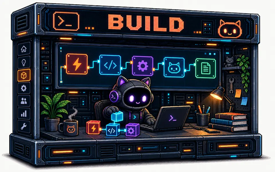 Le chat relie des blocs pour former un blueprint, à l’écran et avec des cubes lumineux sur le bureau.