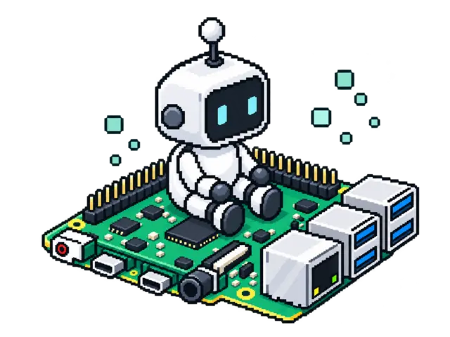 Un petit robot assis sur une carte Raspberry Pi.
