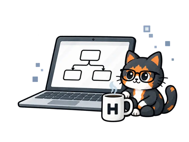 Un ordinateur affichant un workflow, accompagné d’un chat et d’une tasse HackInvent.