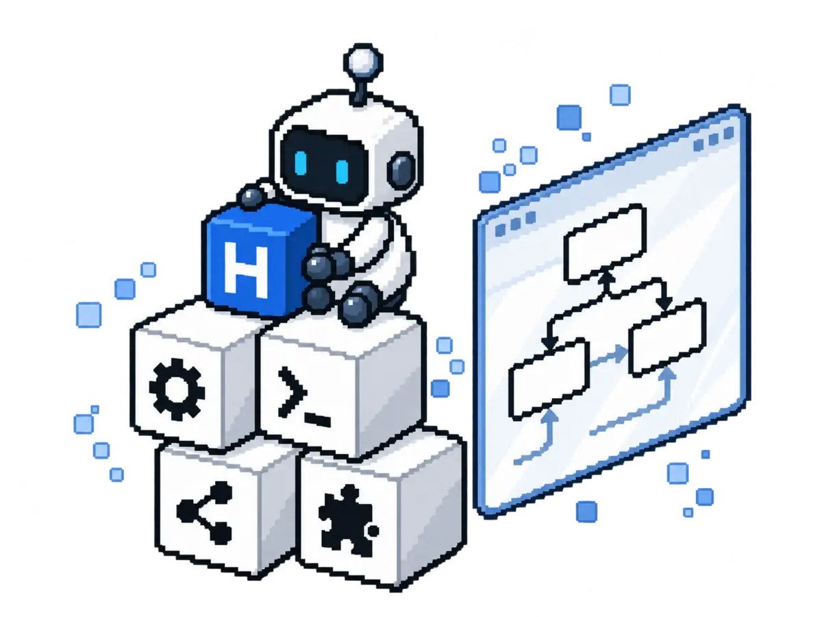 Un robot assemble des blocs modulaires à côté d’un workflow visuel.