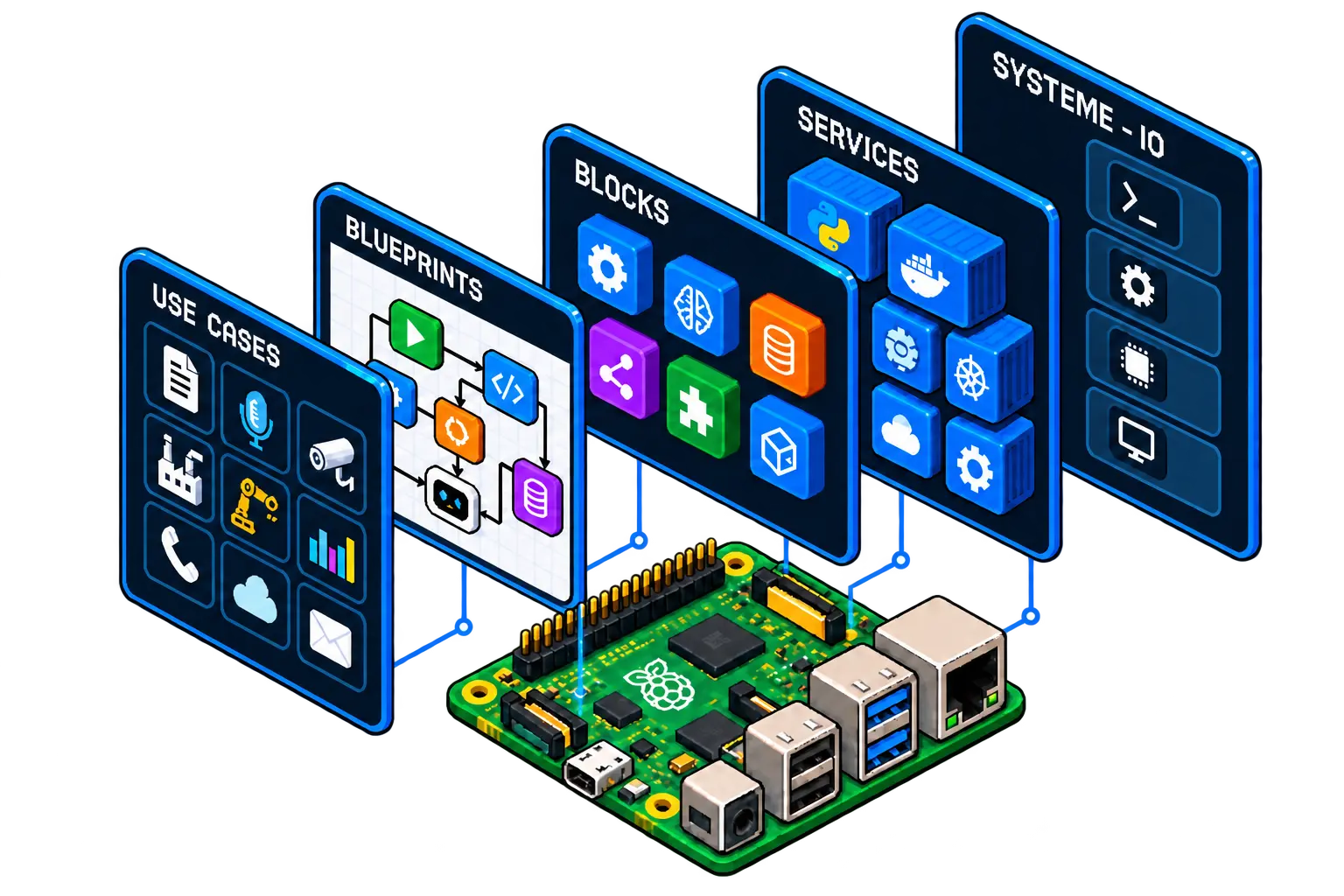 Un Raspberry Pi relié à cinq couches : cas d’usage, blueprints, blocs, services et système.